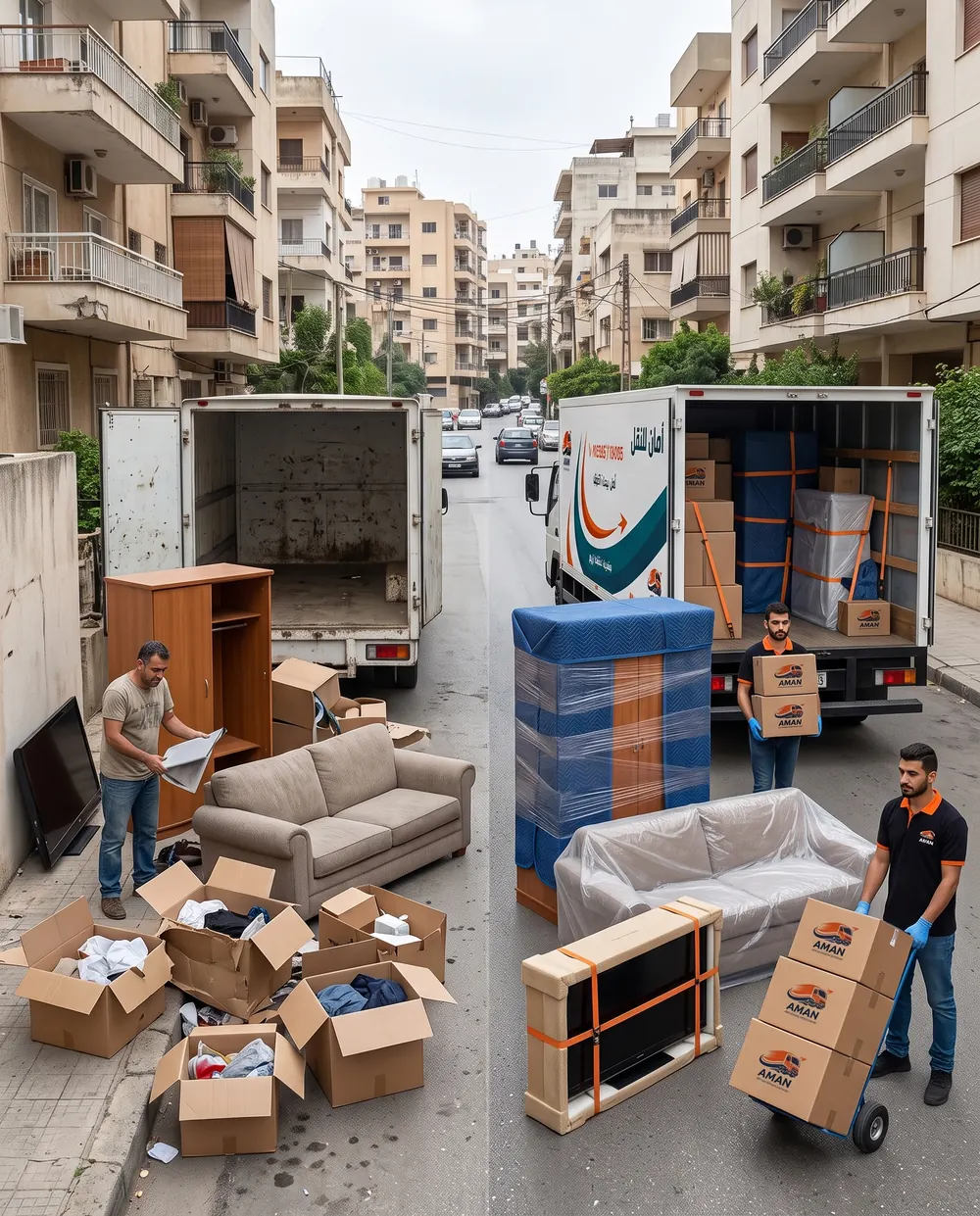 شاحنات أمان مع كراتين وكنباية قدام بنايات سكنية