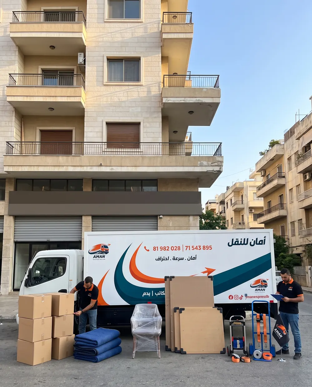 كراتين وحرامات وعربات جاهزة للتحميل قدام شاحنة أمان
