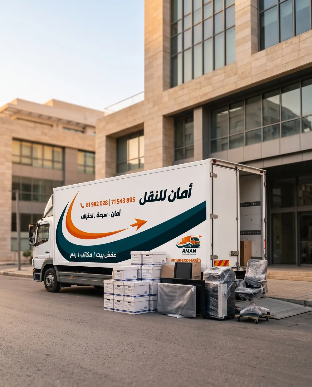 شاحنة أمان قدام مبنى مكاتب مع أثاث وأجهزة ملفوفة